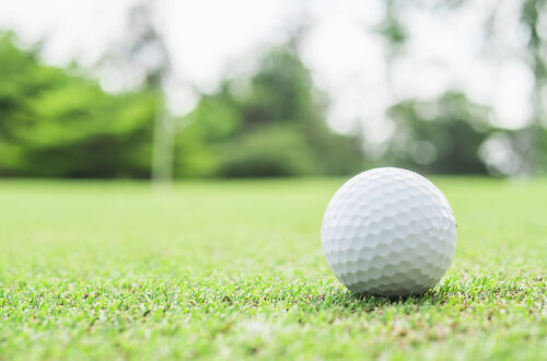 golf ball green with blurred pin flagstick green tree background